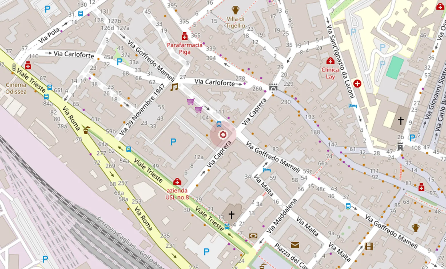 Mappa del quartiere Stampace con il punto del Vintage Cafè all'angolo fra via Goffredo Mameli e via Caprera.